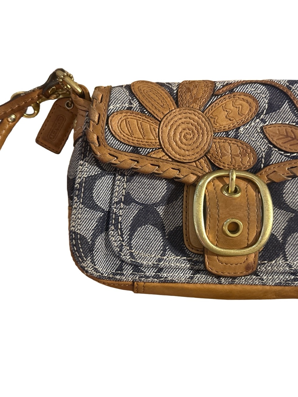 COACH Bleecker Vachetta Leather Signature Denim Floral Appliqué Wristlet RARE